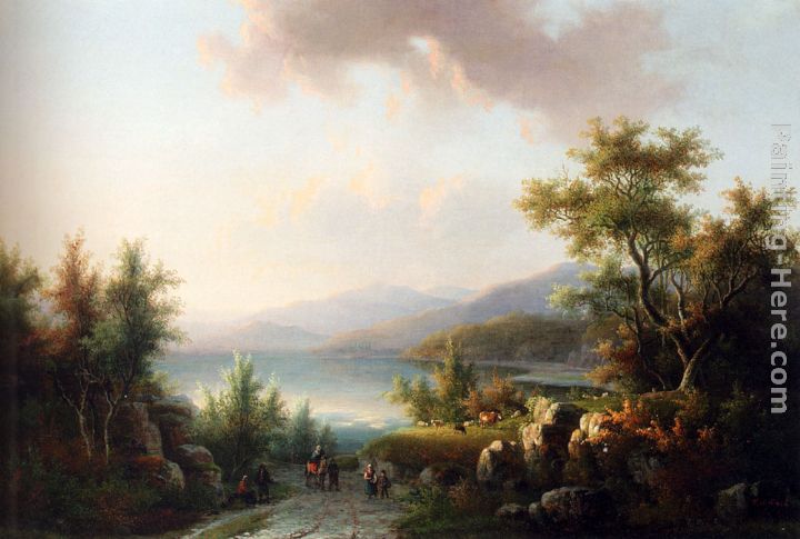 A Wooded Hilly Landscape With Travellers On  A Track Near A Lake painting - Willem De Klerk A Wooded Hilly Landscape With Travellers On  A Track Near A Lake art painting